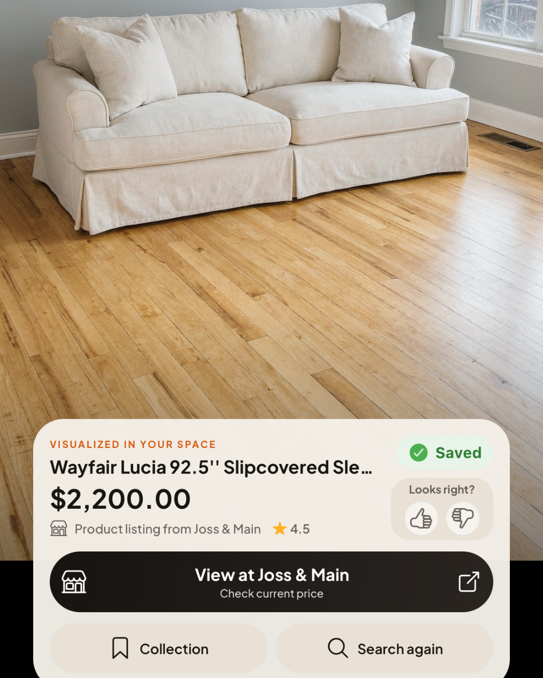 A sofa visualized in a real room with its product details