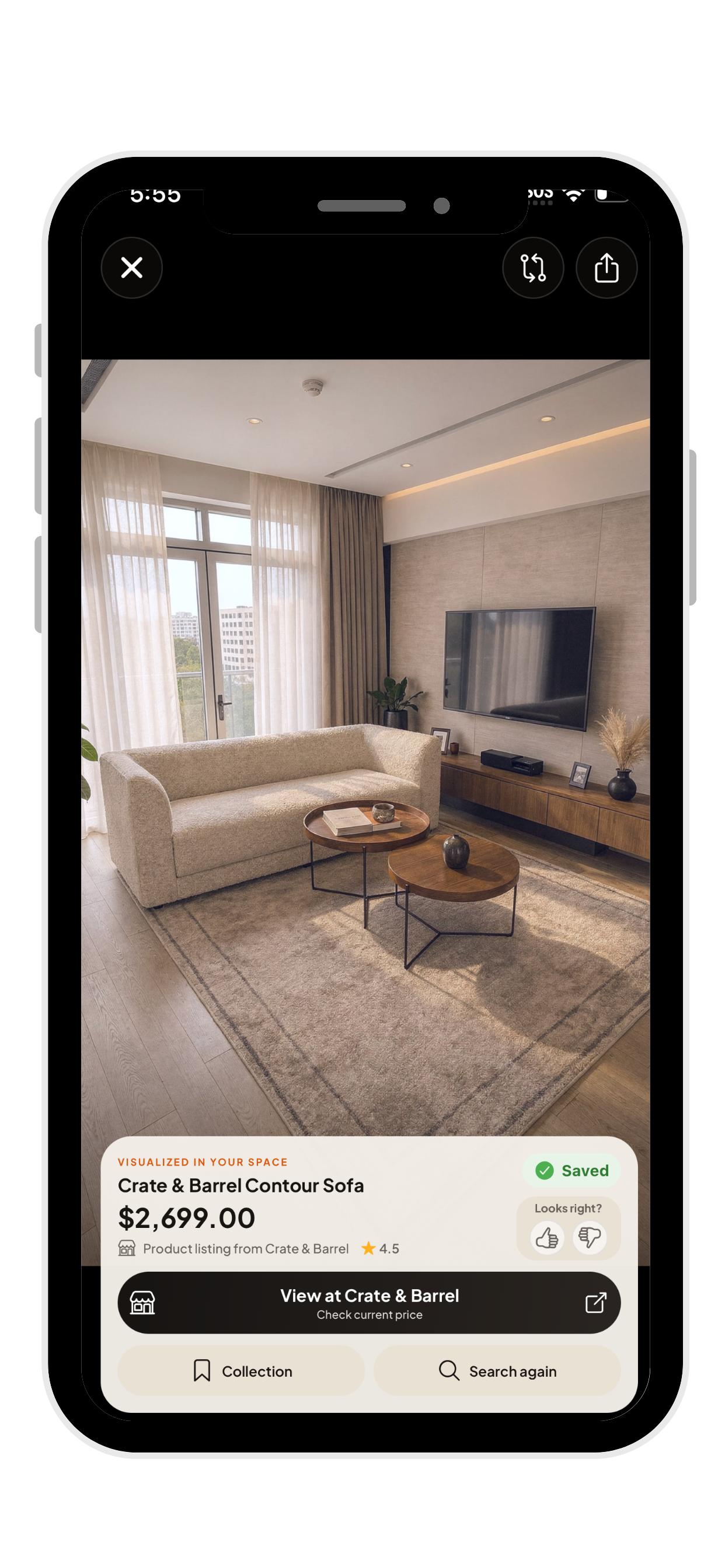 A Crate & Barrel sofa visualized in a living room with SnapStuff